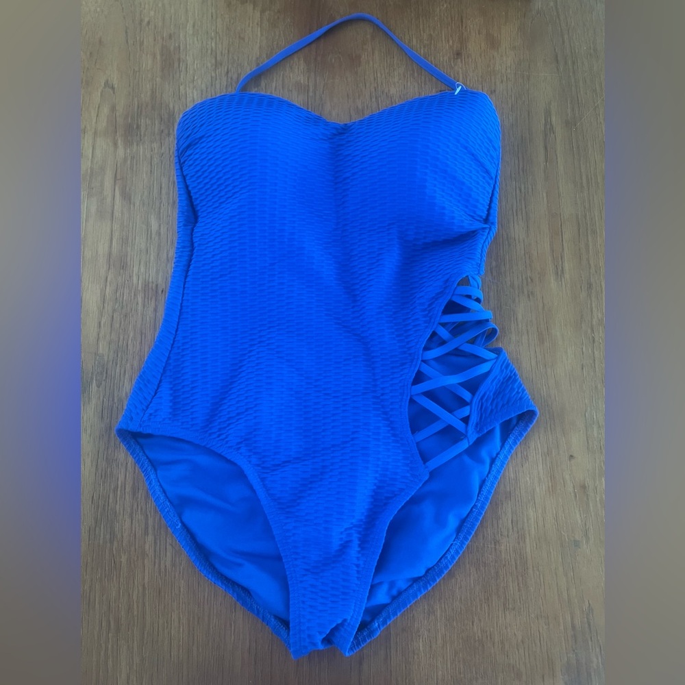 Kenneth Cole Blue Bodysuit with Criss-Cross Detail